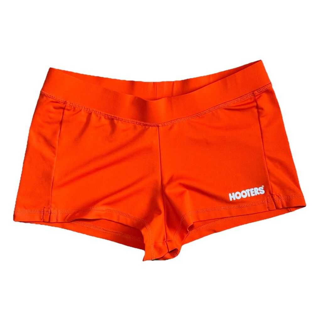 Hooters Uniform Shorts Womens Medium Orange Spandex Stretch Logo Booty Shorts